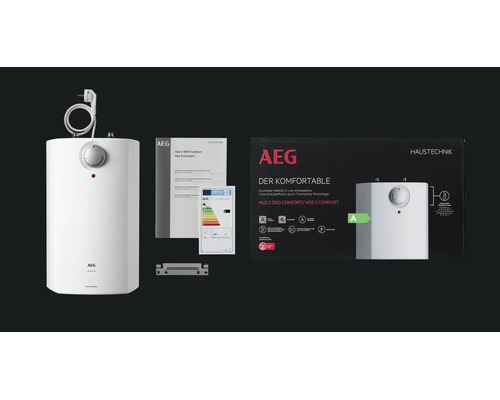 AEG Kleinspeicher HUZ 5 ÖKO Comfort mit Bedienungsanleitung, Energielabel, Wandhalterung und Produktverpackung.