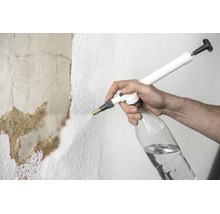 Eine Person besprüht eine Wand mit einem Drucksprüher, um Tapetenreste zu lösen.