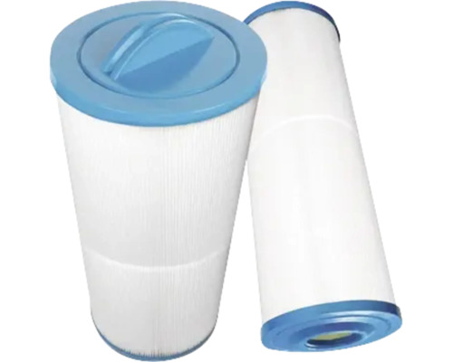 Zwei zylindrische Lamellenfilter für Pools oder Whirlpools mit blauem Deckel und Griff.