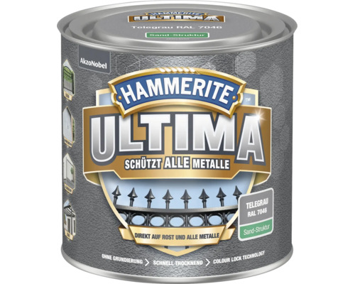 Hammerite Ultima Metallschutzlack Telegrau RAL 7046, Sand-Struktur, schützt alle Metalle, direkt auf Rost, AkzoNobel Logo.