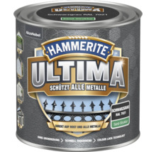 Hammerite Ultima Metallschutzlack, Schwarzgrau RAL 7021, Sand-Struktur, schützt alle Metalle, direkt auf Rost, AkzoNobel Logo.