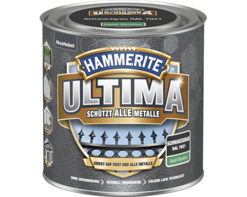 Hammerite Ultima Metallschutzlack, Schwarzgrau RAL 7021, Sand-Struktur, schützt alle Metalle, direkt auf Rost, AkzoNobel Logo.