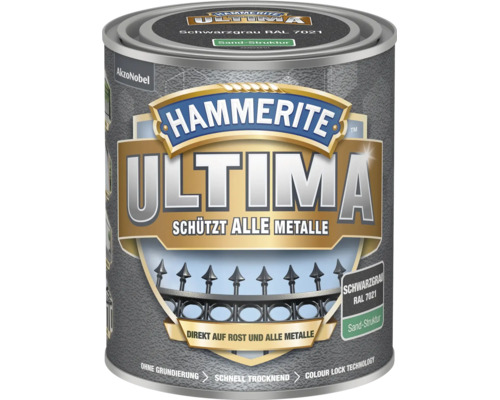 Hammerite Ultima Metallschutzlack, Schwarzgrau RAL 7021, Sand-Struktur, direkt auf Rost, schützt alle Metalle.