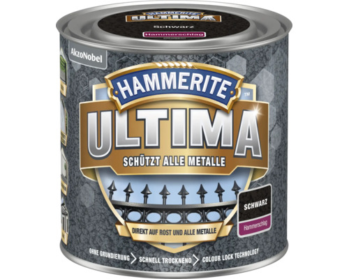 Dose Hammerite Ultima Metallschutzlack in Schwarz mit Hammerschlag Effekt, AkzoNobel Logo. Ohne Grundierung direkt auf Rost anwendbar.
