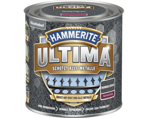 Hammerite Ultima Metallschutzlack Hammerschlag dunkelgrau, direkt auf Rost, schützt alle Metalle, ohne Grundierung und schnell trocknend.