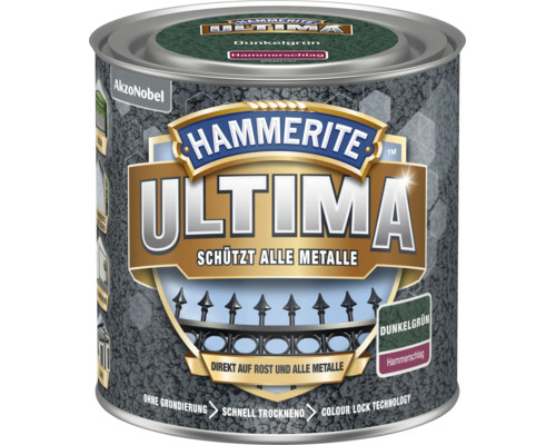 Hammerite Ultima Metallschutzlack Hammerschlag Dunkelgrün für alle Metalle, direkt auf Rost, ohne Grundierung, schnell trocknend.