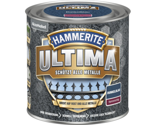Hammerite Ultima Metallschutzlack in Dunkelblau mit Hammerschlag-Effekt, direkt auf Rost anwendbar und ohne Grundierung.