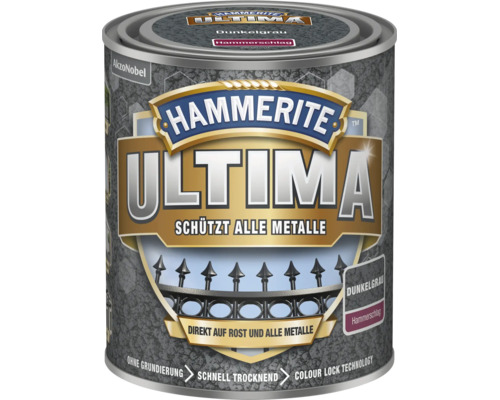 Hammerite Ultima Metallschutzlack in Dunkelgrau mit Hammerschlag-Effekt für alle Metalle direkt auf Rost ohne Grundierung.