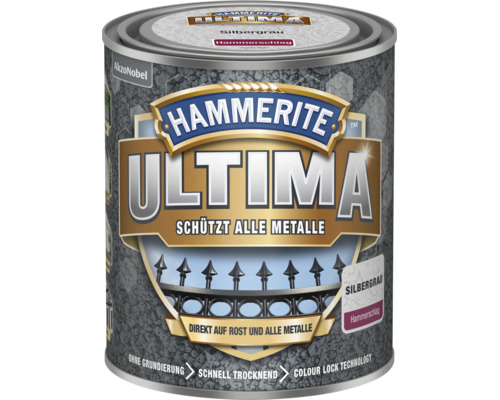 Hammerite Ultima Metallschutzlack silbergrau, Hammerschlag, schützt alle Metalle, direkt auf Rost, schnell trocknend. AkzoNobel Logo.