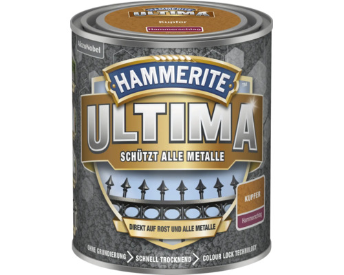 Hammerite Ultima Metallschutzlack, Kupfer, Hammerschlag, direkt auf Rost und alle Metalle, AkzoNobel Logo.