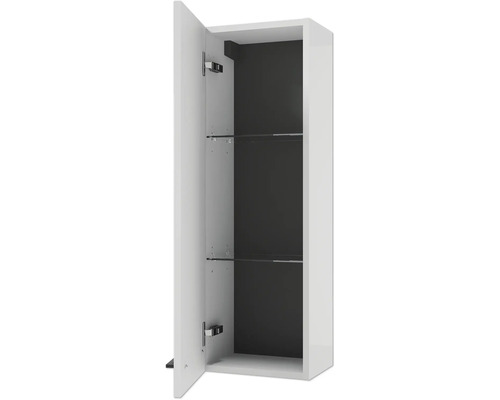 Bad-Seitenschrank mit geöffneter Tür, zwei Glaseinlegeböden und dunkler Rückwand für zusätzlichen Stauraum im Badezimmer.