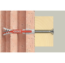 Querschnitt eines Fischer DuoPower Universaldübels mit Schraube zur Befestigung von Holz an einer Ziegelwand.