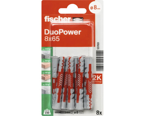 Fischer DuoPower Universaldübel in der Größe 8 mal 65 Millimeter, Packung mit 8 Stück.