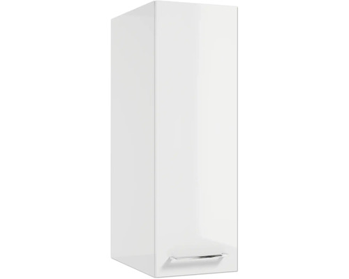 Weißer, hochglänzender Badezimmer-Hängeschrank mit silbernem Metallgriff.