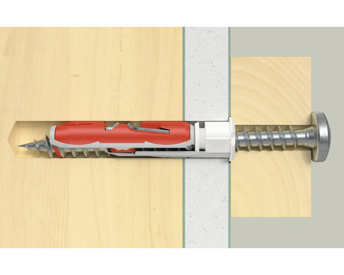 Fischer DuoPower Dübel mit Schraube zur Befestigung von Holz an einer Wand in der Querschnittsansicht.