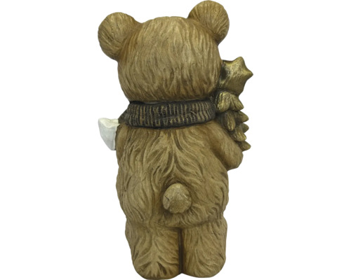 Rückansicht einer dekorativen Bärenfigur mit Fellstruktur, Schal und kleinem Baum.