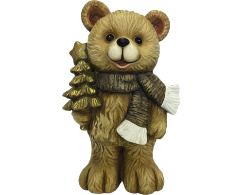 Braune Dekofigur Bär mit Schal und goldenem Tannenbaum.