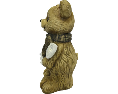 Dekofigur Bär mit Schal und Schneeball, Seitenansicht, wetterfester Kunststein.