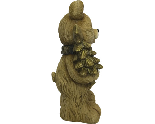 Weihnachtsfigur Bär mit Schal hält einen Tannenbaum.