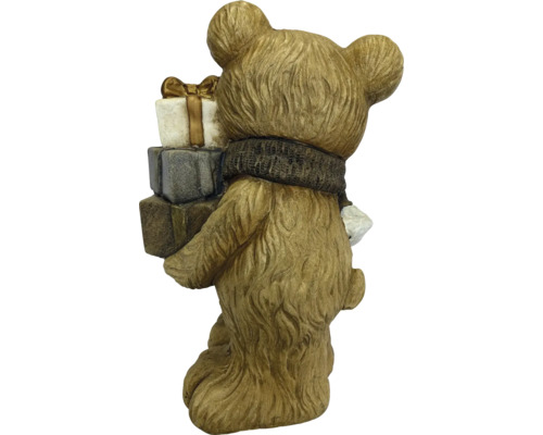 Weihnachtsfigur Bär mit Geschenken und Schal, Rückansicht einer stehenden Figur mit strukturierter Oberfläche.