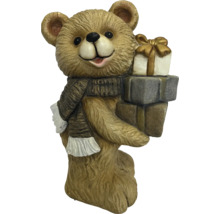 Weihnachts-Dekofigur Bär mit Schal und Geschenken.