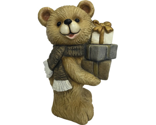 Weihnachts-Dekofigur Bär mit Schal und Geschenken.