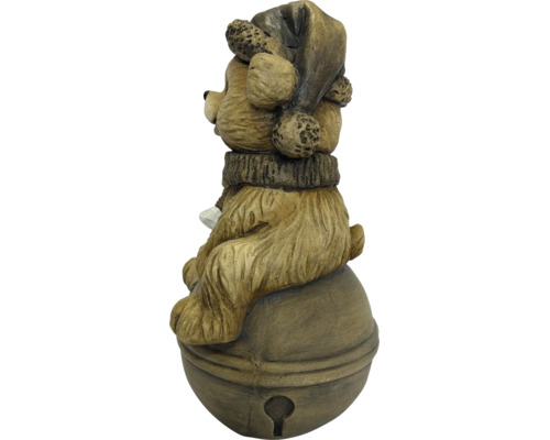 Weihnachtsfigur Bär mit Mütze und Schal sitzend auf einer Glocke