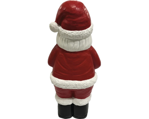 Rückansicht einer Weihnachtsmannfigur mit roter Mütze, rotem Mantel, weißem Pelzbesatz und schwarzen Stiefeln.