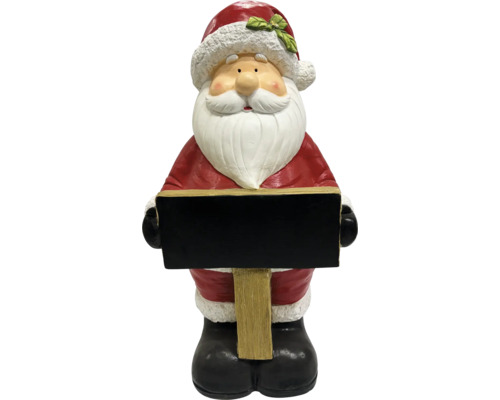 Weihnachtsmann-Figur aus Polyresin hält eine beschreibbare Kreidetafel, klassische Weihnachtsdekoration.
