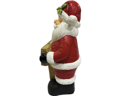 Weihnachtsmann-Figur aus Kunststein, stehend, hält eine Holzplanke, Kleidung mit weißem Saum.