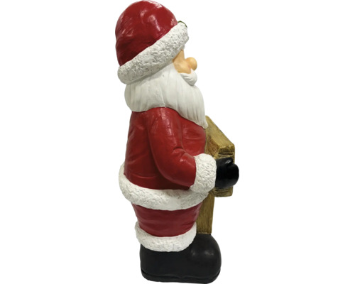 Weihnachtsmannfigur in Seitenansicht, rotes Gewand mit weißem Saum, hält ein Holzschild.