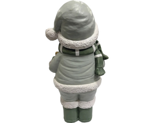 Rückansicht einer Weihnachtsfigur aus Polyresin mit Winterbekleidung, Mütze mit Bommel, Schal und Stiefeln.