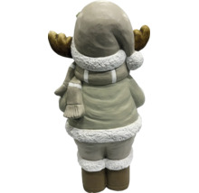 Dekofigur Elch in Winterkleidung mit Mütze und Schal, Rückansicht