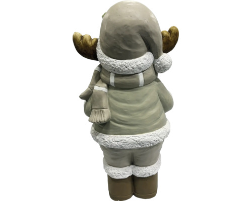 Dekofigur Elch in Winterkleidung mit Mütze und Schal, Rückansicht