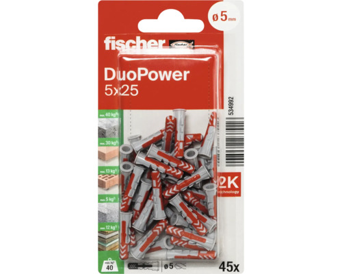 Fischer DuoPower Universaldübel 5 x 25 Millimeter in der 45 Stück Blisterpackung für verschiedene Baustoffe.