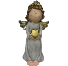 Graue Weihnachtsfigur Engel mit goldenem Stern aus Polyresin