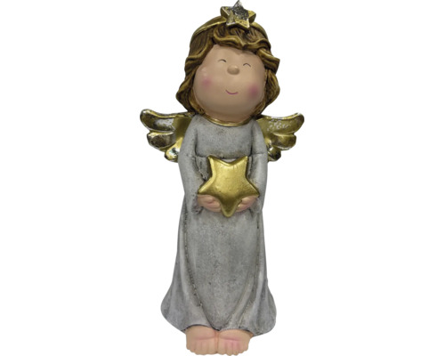 Graue Weihnachtsfigur Engel mit goldenem Stern aus Polyresin