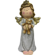 Dekofigur Engel mit Teddybär, goldfarbene Flügel und Stern, aus Polyresin.