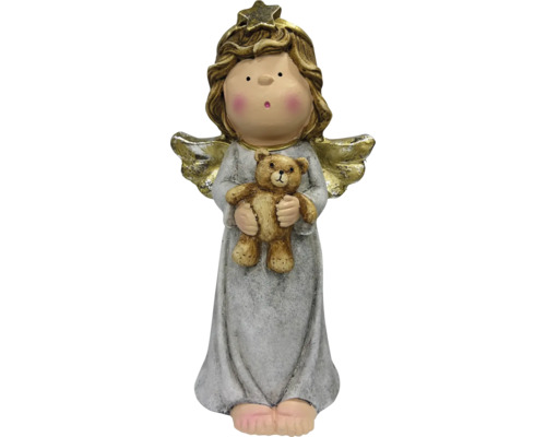 Dekofigur Engel mit Teddybär, goldfarbene Flügel und Stern, aus Polyresin.
