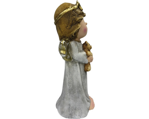 Dekorative Engelsfigur mit Teddybär aus Kunststein mit goldenem Haar und Flügeln in der Seitenansicht.