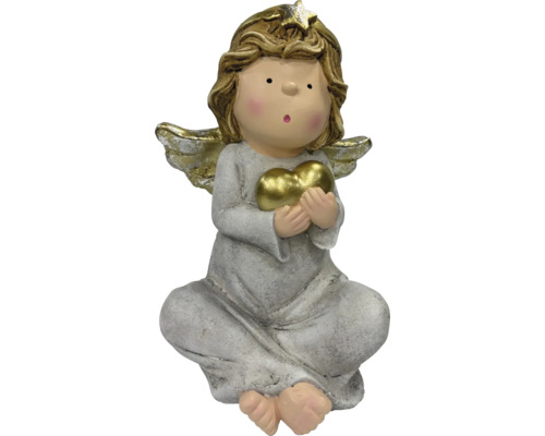 Sitzende Engelsfigur mit goldenem Herz, Flügeln und Stern.
