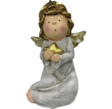 Weihnachtsengel-Figur sitzend aus Polyresin mit goldenem Stern und Flügeln