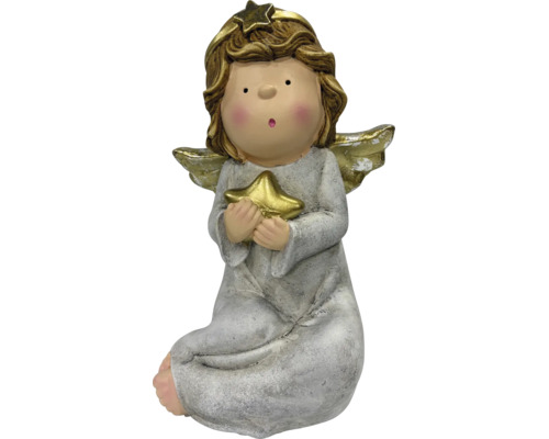 Weihnachtsengel-Figur sitzend aus Polyresin mit goldenem Stern und Flügeln