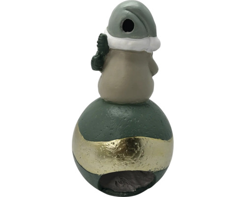Dekorative Weihnachtsfigur auf einer grün-goldenen Kugel, aus Polyresin.