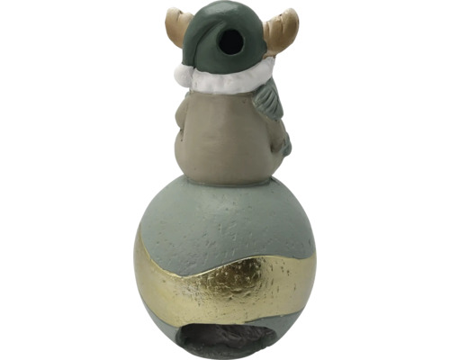 Weihnachtsfigur aus Keramik, Elch auf einer Kugel mit goldenem Band sitzend.