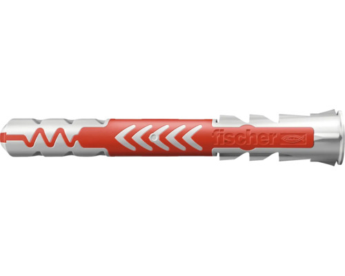 fischer DuoPower Universaldübel aus Kunststoff in Grau und Rot für verschiedene Baustoffe mit fischer Logo.