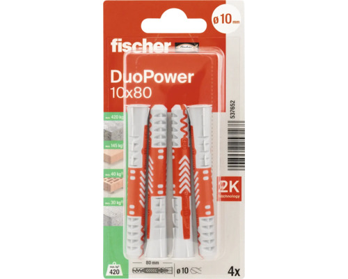 Fischer DuoPower Dübel 10 mal 80 Millimeter in einer Viererpackung für verschiedene Baustoffe.