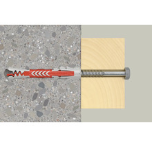 Fischer DuoPower Dübel mit Sechskantschraube in Beton und Holzbalken.