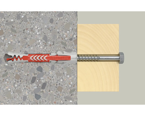 Fischer DuoPower Dübel mit Sechskantschraube in Beton und Holzbalken.