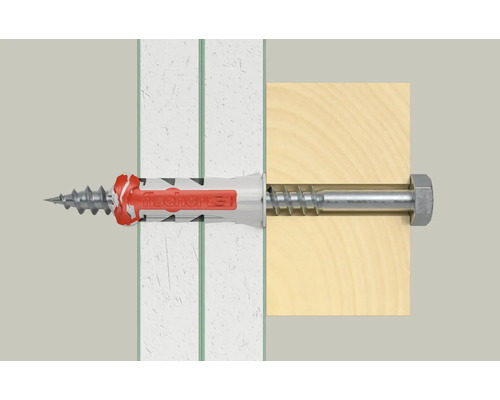 Fischer DuoPower Dübel mit Sechskantschraube in einer Gipskartonwand zur Befestigung eines Holzbalkens.